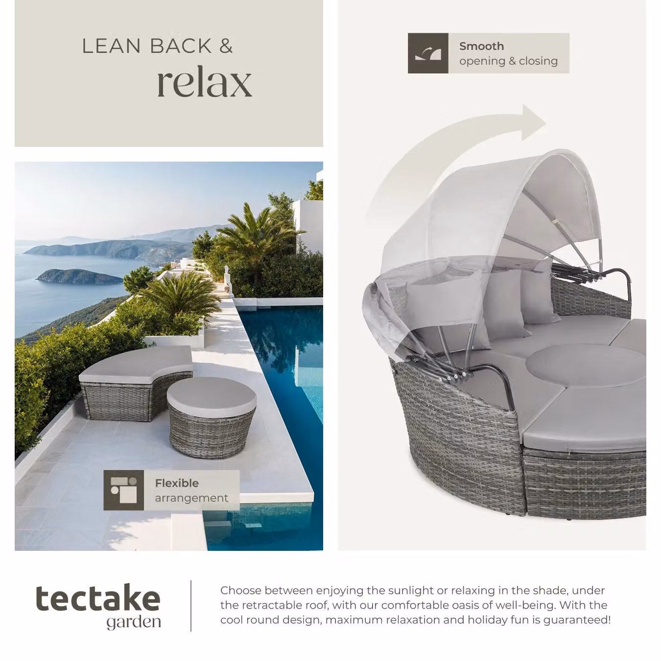 tectake Santorini Modular Garden Sun Lounger Set with Shade Canopy in Grey for 4 Adults – 4