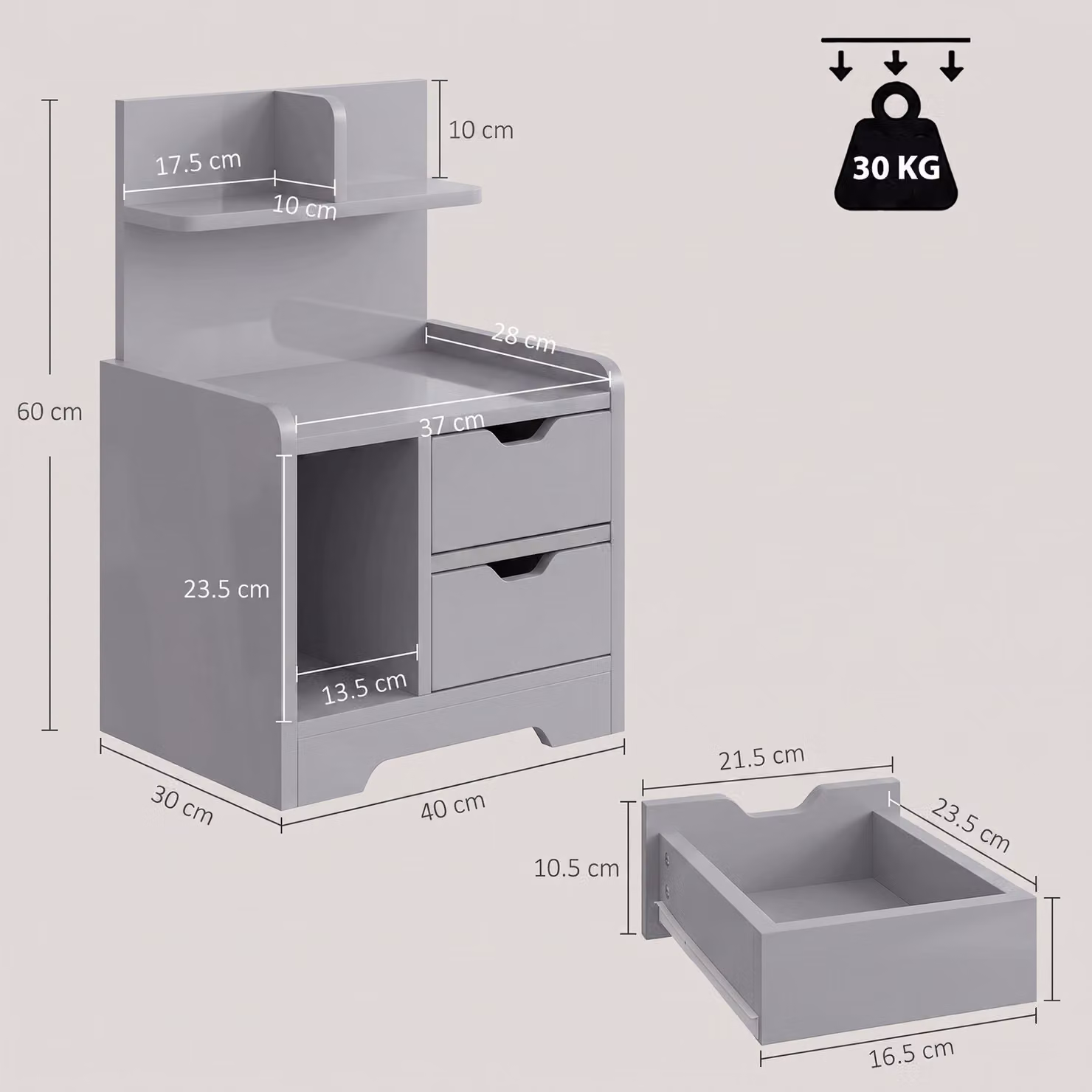 HOMCOM Modern Grey Bedside Table with 2 Drawers and Storage Shelves – 2
