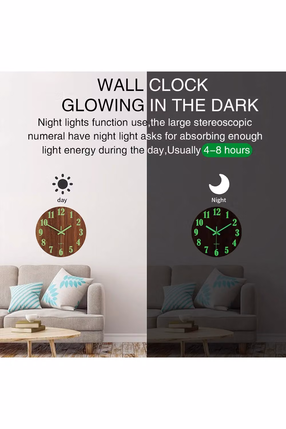 Living and Home Round Quartz Wall Clock with Illuminated Arabic Numerals in Brown Imitation Walnut Grain, Diameter: 30 cm – 3