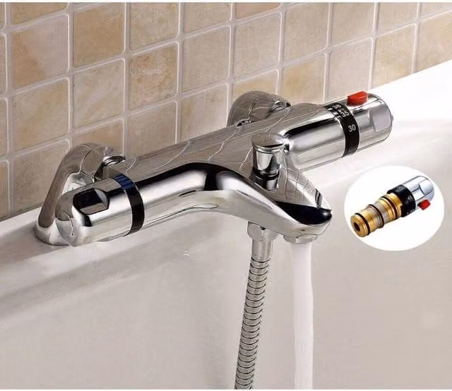 FLAVORA Chrome Thermostatic Deck Mounted Bath Mixer Valve with Shower Set in Metallic Silver