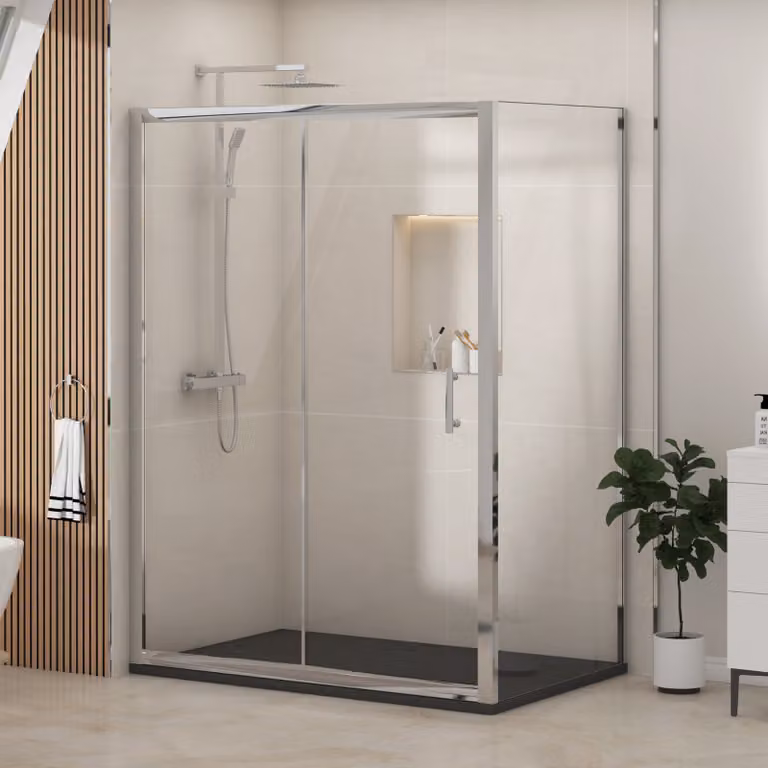 Royal Bathrooms Grand Sliding Door Shower Enclosure with Side Panel and Black Slate Effect Mineral Cast Stone Shower Tray, W: 100 cm, D: 80 cm, H: 185 cm, 6mm Glass, Black