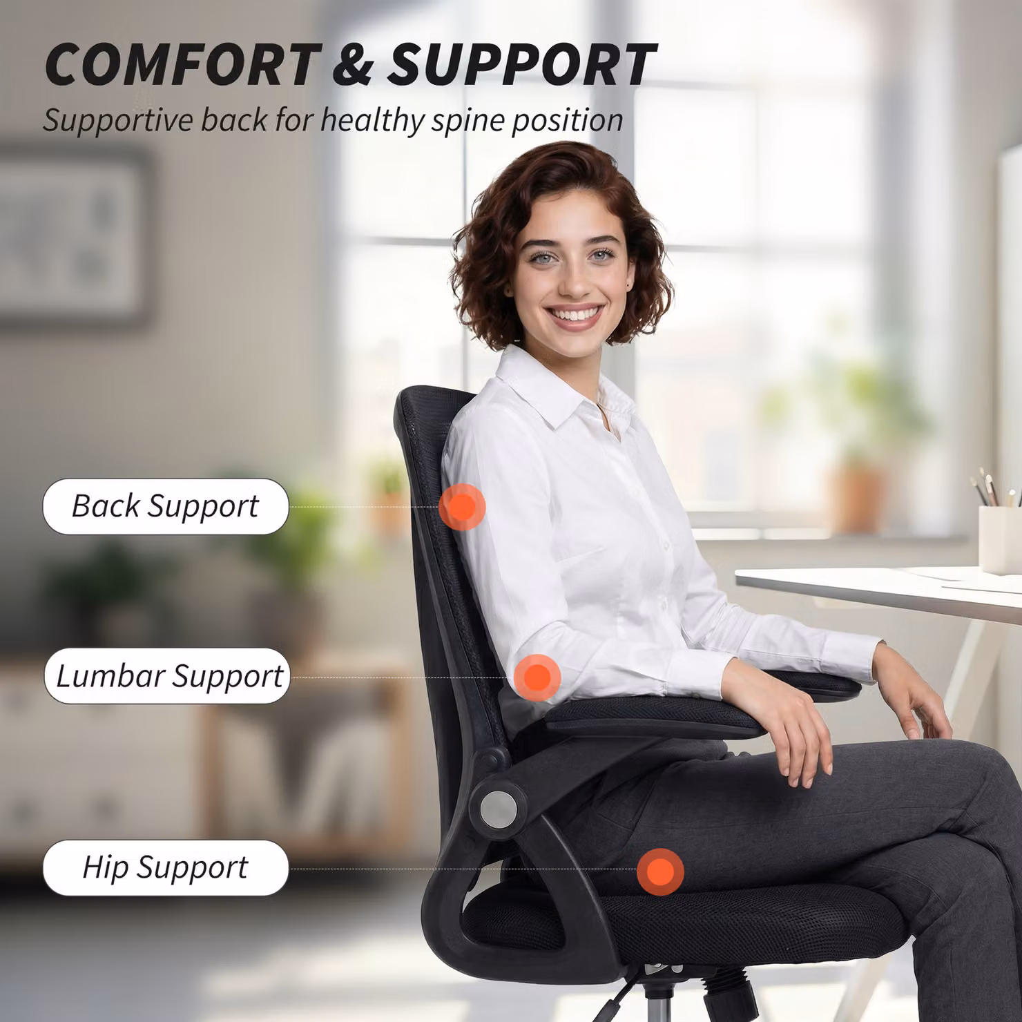 HOMCOM Modern Black Fabric Task Chair with Armrests and Castors – 3