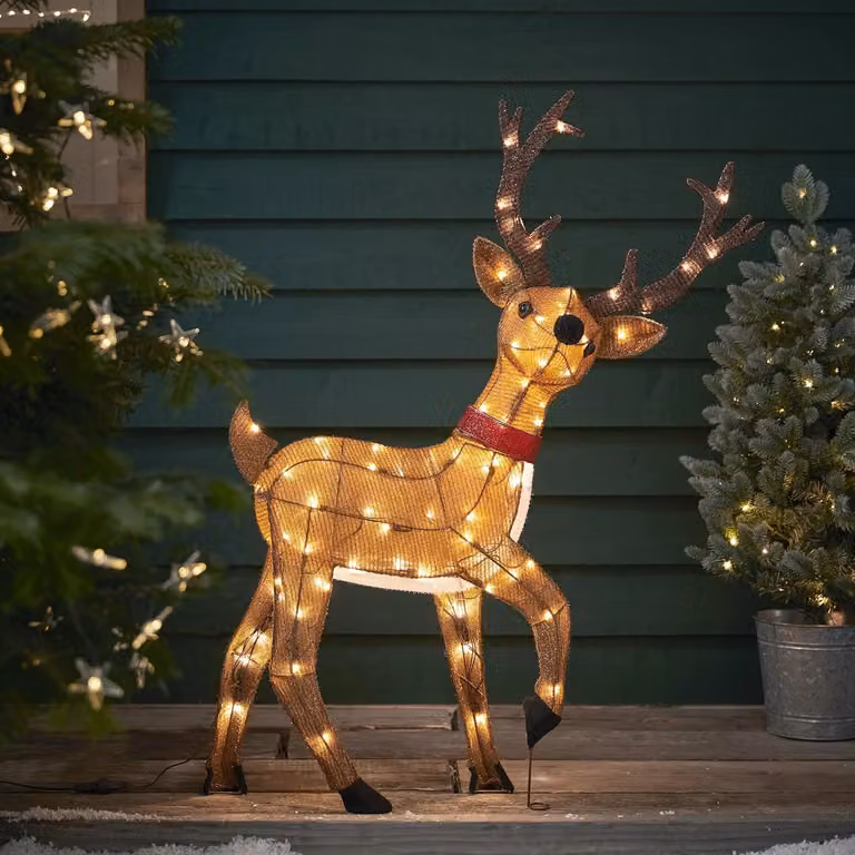 Lights4fun Battery Operated LED Christmas Reindeer Figure Garden Decoration, Brown, White and Red, Height: 100 cm