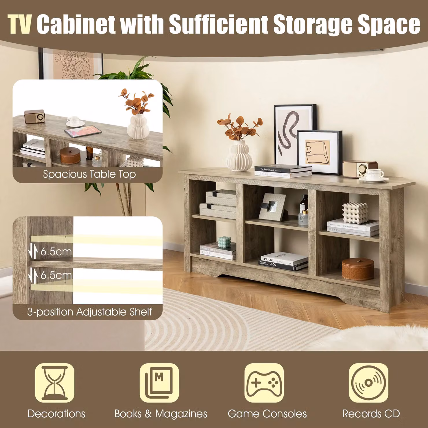 Gymax Modern Media Entertainment Centre TV Stand for TVs up to 65 Inches in Light Oak – 5