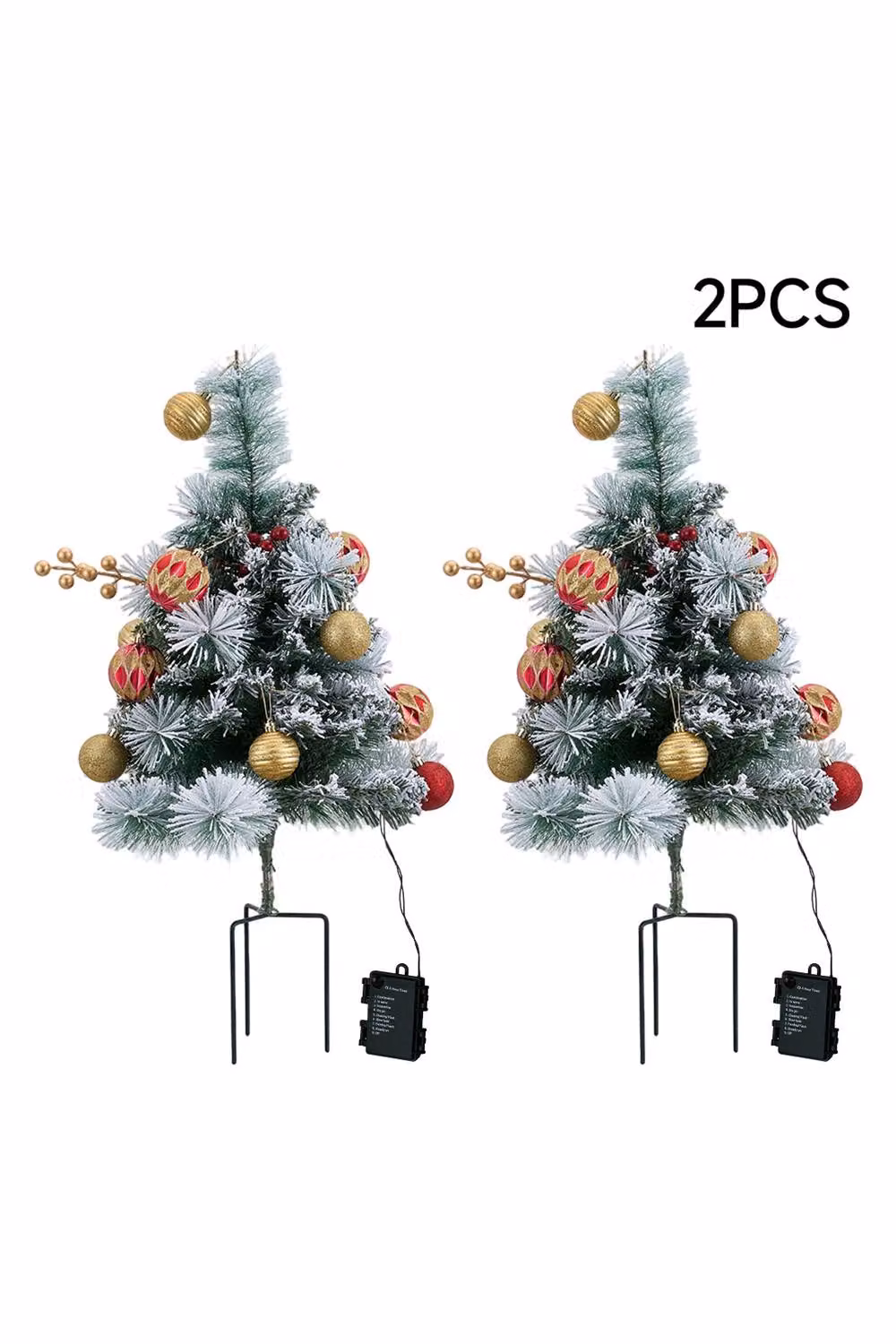 Living and Home 2-Piece Mini Frosted Outdoor Christmas Tree Set with Red and Gold Balls in Green, Red, and Multicolour – 4