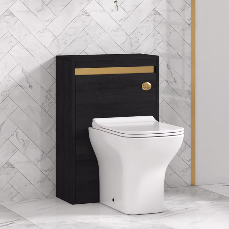 Orion Hale Black BTW WC Unit with Qubix Rimless Toilet Pan, Slim Soft Close Seat and Cistern in White with Brushed Brass Accent Trim, Width: 54 cm