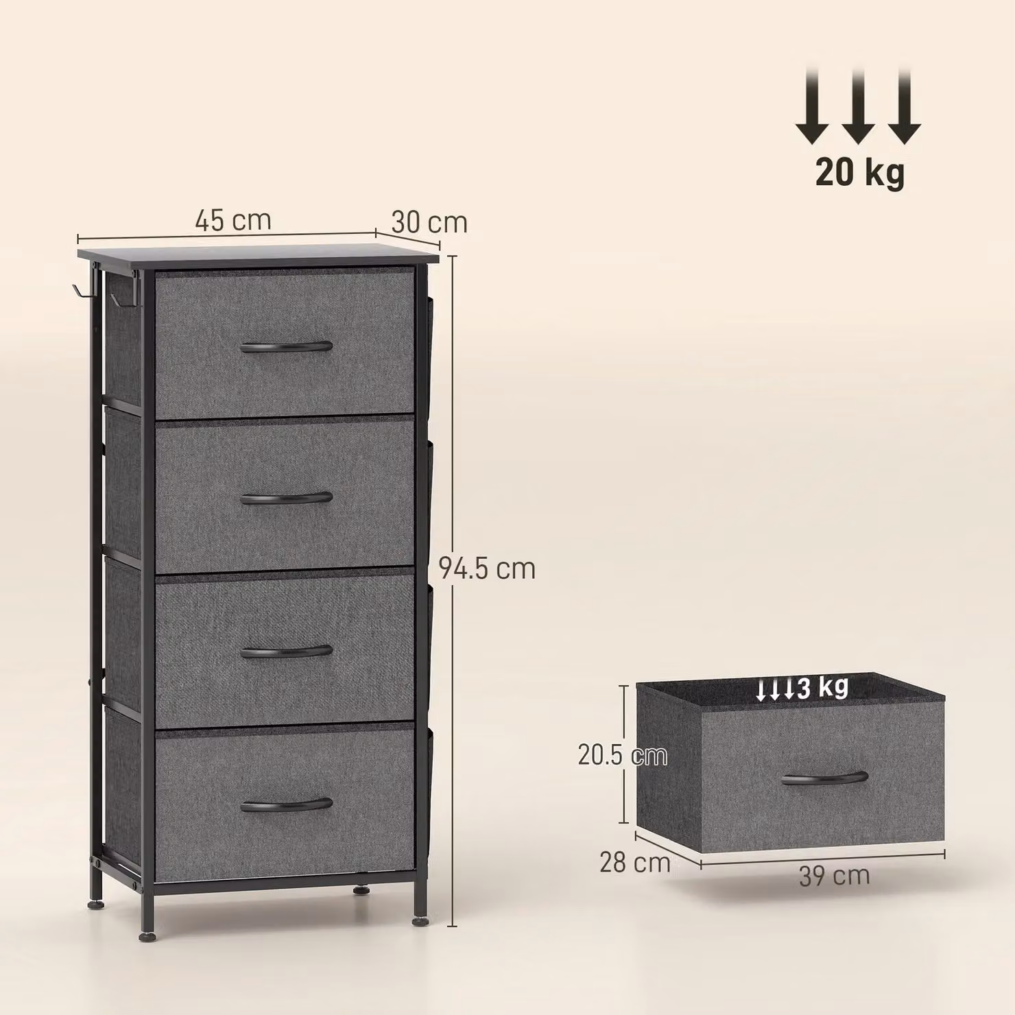 HOMCOM Modern Fabric Chest of Drawers for Bedroom in Grey – 3