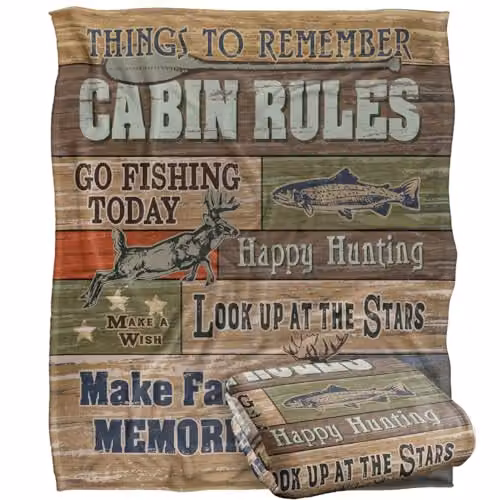 JQ Licensing Cabin Rules Silky Touch Super Soft Fleece Throw Blanket, White, W/D/H: 152 x 127 cm