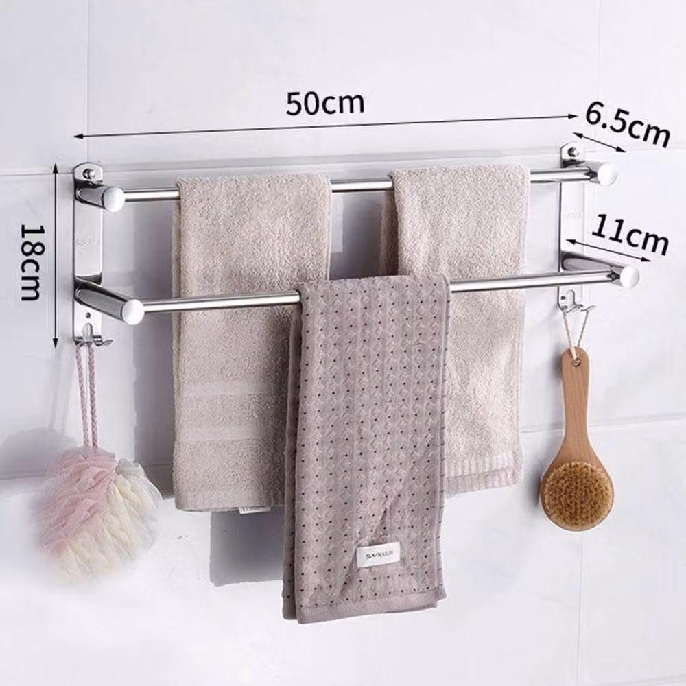 EONLION Silver Stainless Steel Double Towel Rail Holder, Wall Mounted, Width: 50 cm – 2