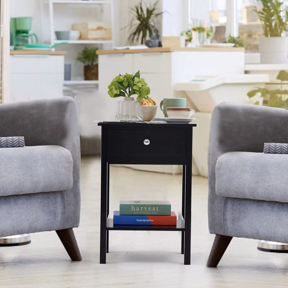 FORGEVIO Black Minimalist Wood Bedside Table with Drawer – 3