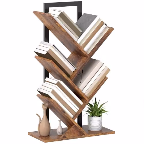 HOMCOM 5-Tier Industrial Tree Bookshelf with Steel Frame, Brown – 1
