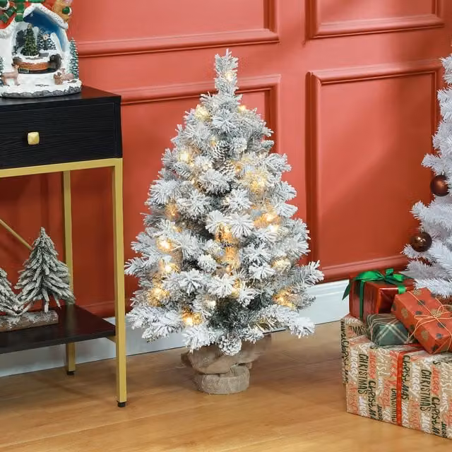 HOMCOM 3ft Tabletop Artificial Christmas Tree with LED Lights and Concrete Base in Green and White – 1