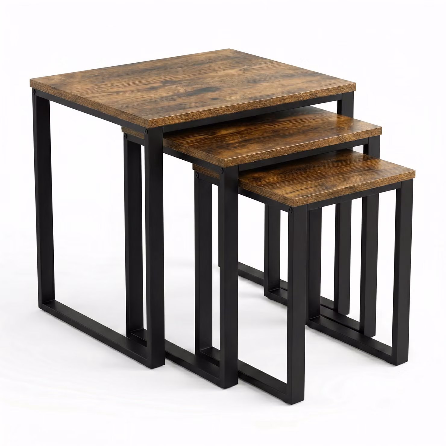 Stackora Rustic Nest of 3 Tables with Industrial Metal Frame in Black and Brown