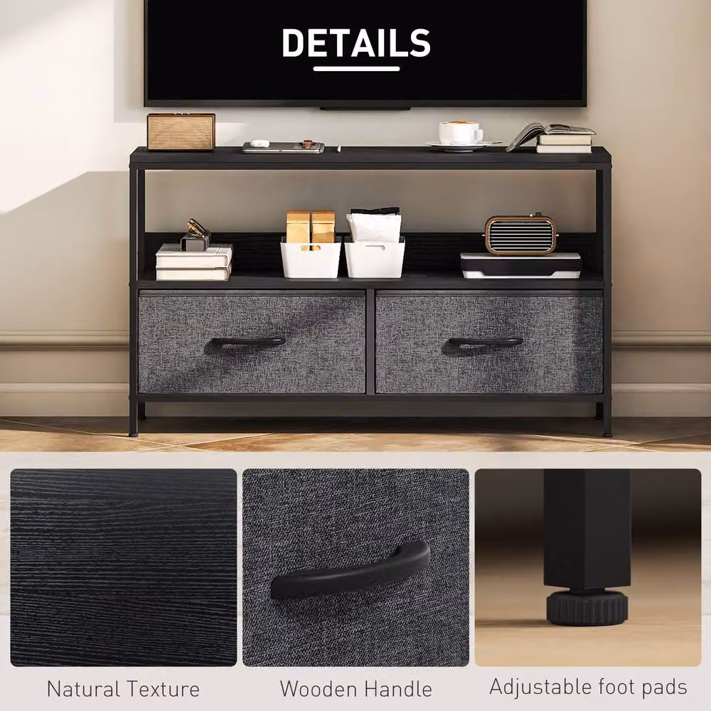 STILVORA Industrial Metal TV Stand in Matt Black with 2 Drawers and Shelf – 8
