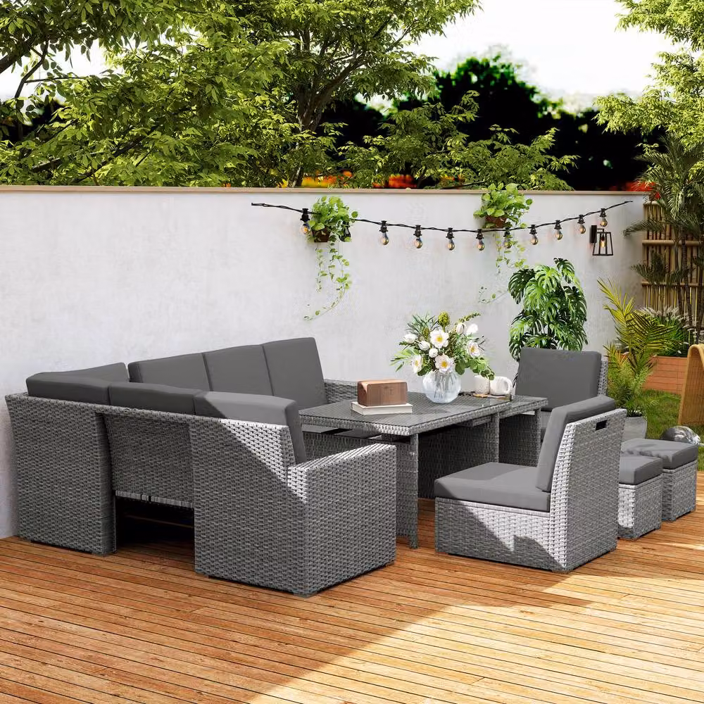 STILVORA 10-Seater Sofa Set with Expandable Glass Table and Rattan Details in Grey – 7