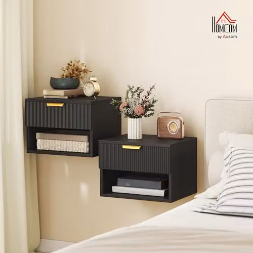 HOMCOM Set of 2 Wall Mounted Floating Nightstands with Soft Close Drawers, Black and Gold – 2