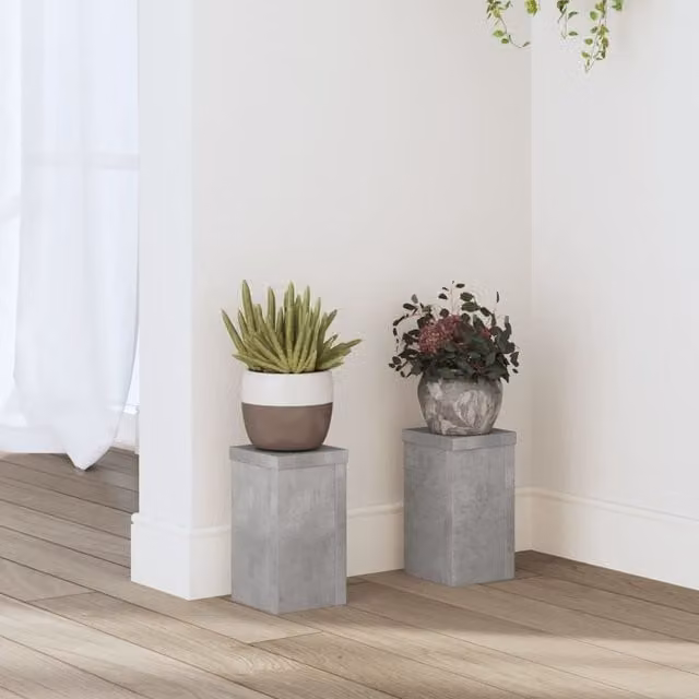 Berkfield Home Set of 2 Modern Square Plant Stands in Grey Concrete and Wood, W/D/H: 10 x 10 x 18 cm