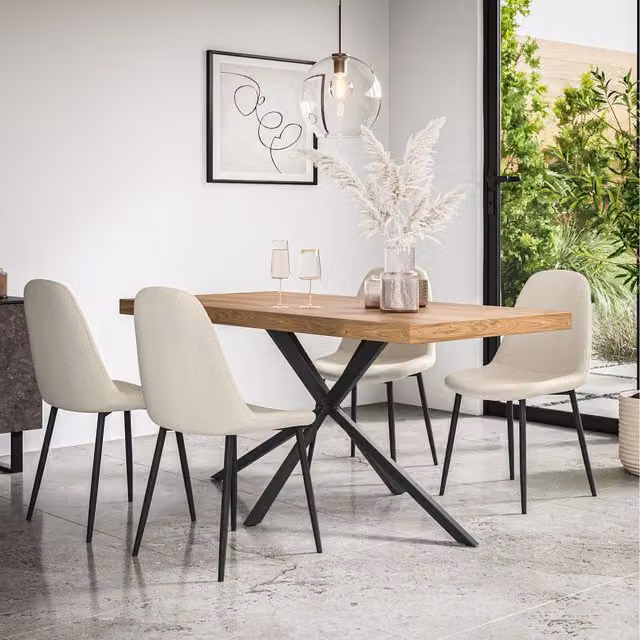 More4Homes Donni Dining Set with Oak Effect Rectangular Table and 4 White Maya Boucle Chairs, W/D/H: 160 x 80 x 76 cm
