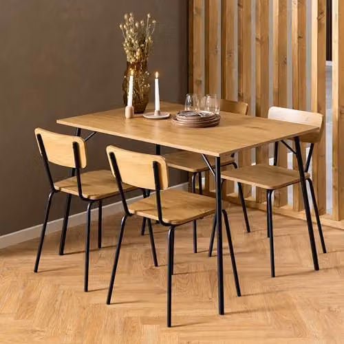 Furniture To Go Peru Dining Set with Rectangular Black and Oak Table and 4 Steel and Oak Chairs, W/D/H: 120 x 80 x 75 cm