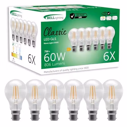 BELL Lighting B22 Dimmable LED Filament Globe Bulbs, Warm White, 7W, Pack of 6 – 1
