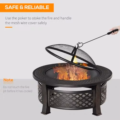 Outsunny Bronze Tone Round Steel Outdoor Fire Pit with Grill Net and Poker, Diameter: 81 cm – 3