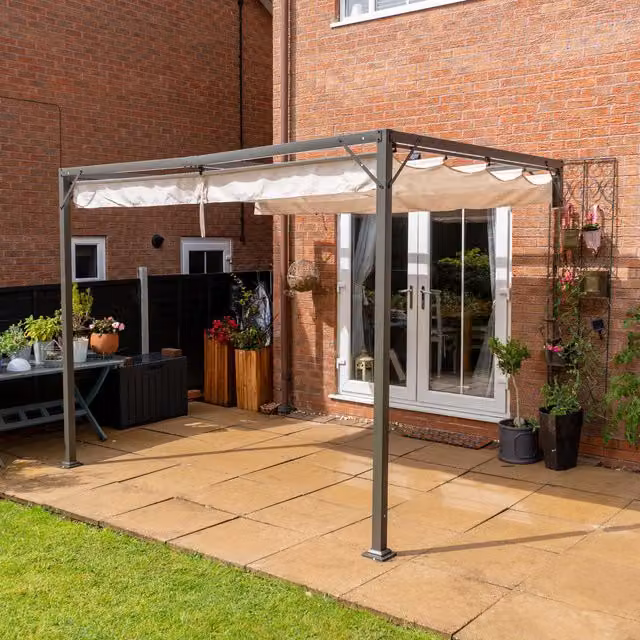 Jack Stonehouse Brooklyn Wall Mounted Outdoor Retractable Metal Pergola with Beige Polyester Canopy, W: 300 cm, H: 220 cm