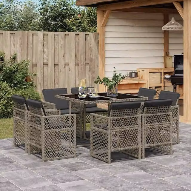Berkfield Home 9 Piece Grey Poly Rattan Garden Dining Set with Cushions