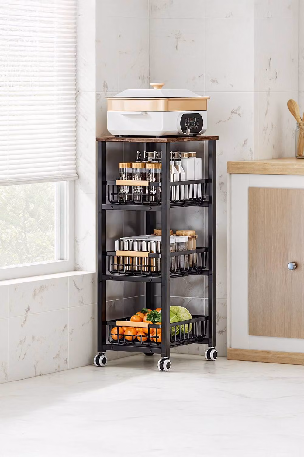 Living and Home 4-Tier Narrow Kitchen Storage Trolley with Pull-Out Metal Baskets in Matt Black – 2