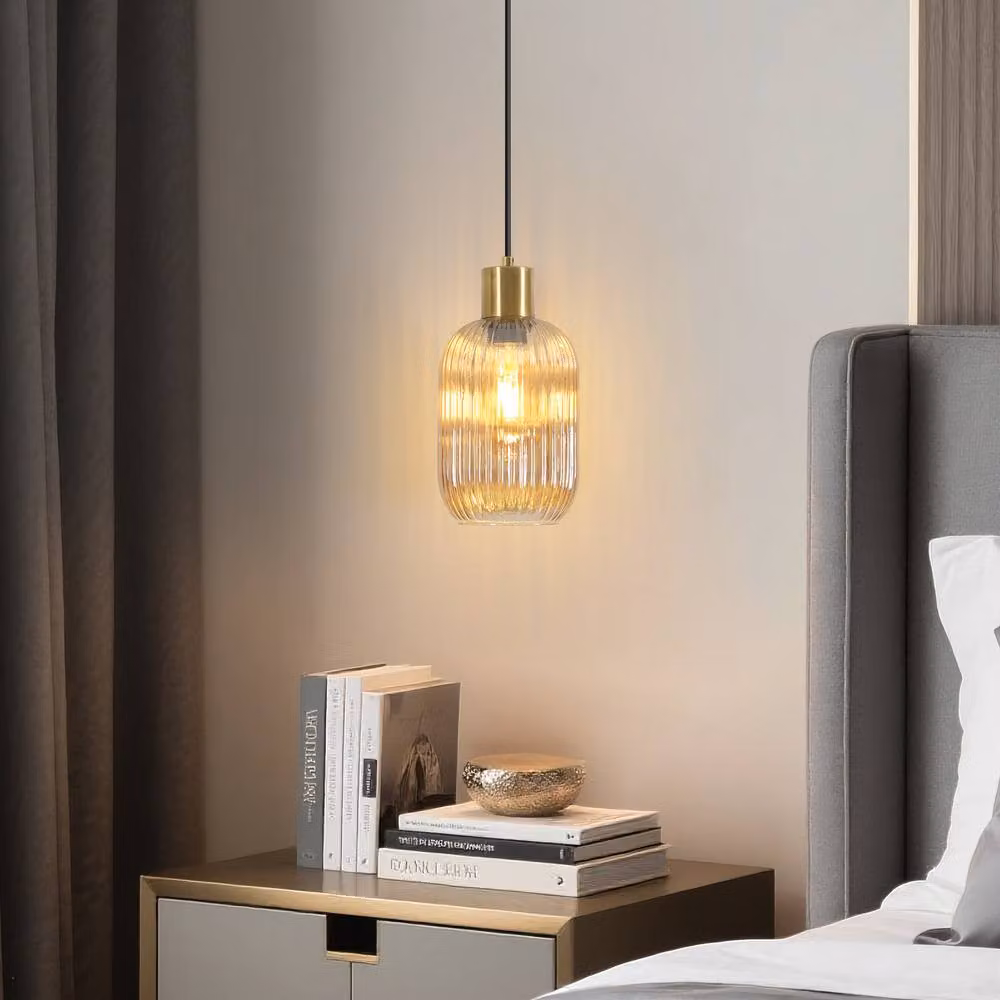Goeco Modern Sphere Pendant Light in Transparent Ribbed Glass with Gold and Black Finish – 3