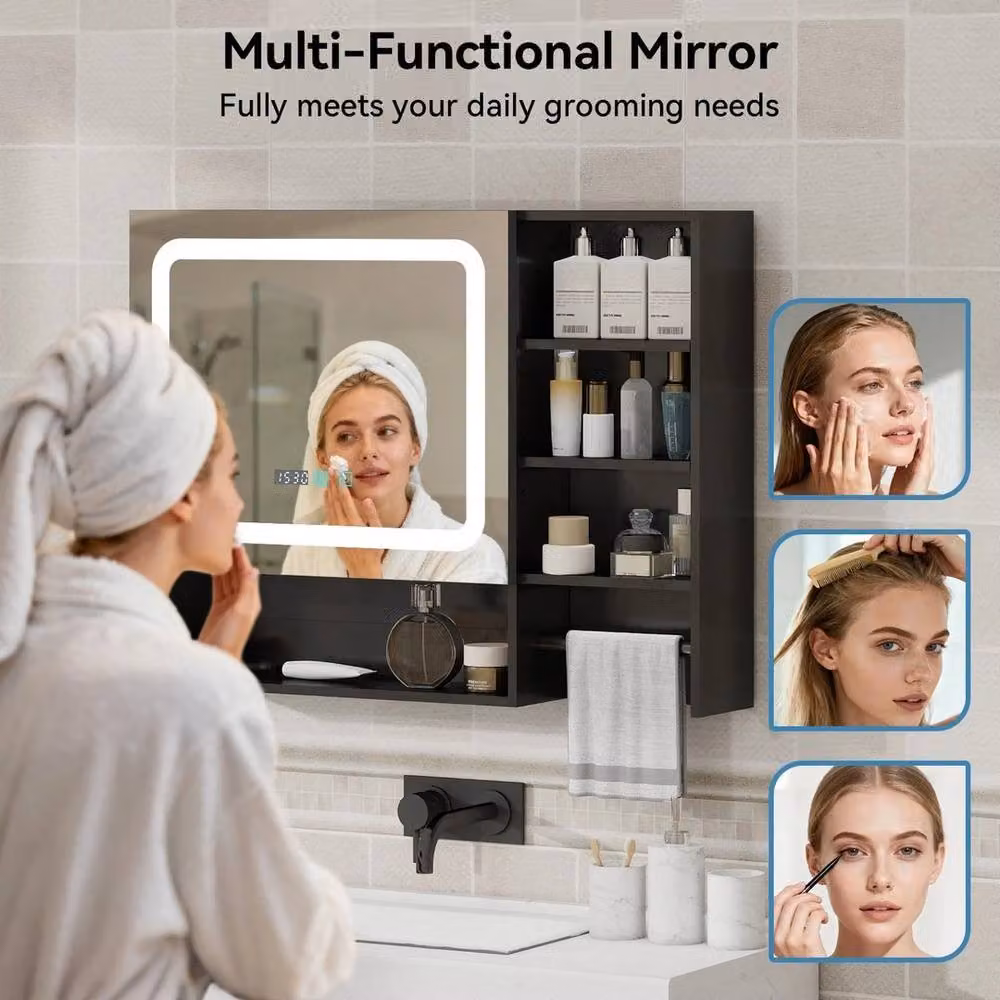 FLAVORA Black Matt LED Bathroom Mirror Cabinet with Integrated Lighting and Internal Shelves – 4