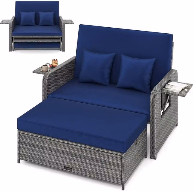 Costway 2-Piece Navy Blue PE Wicker Daybed and Patio Rattan Furniture Set with 4-Level Backrest