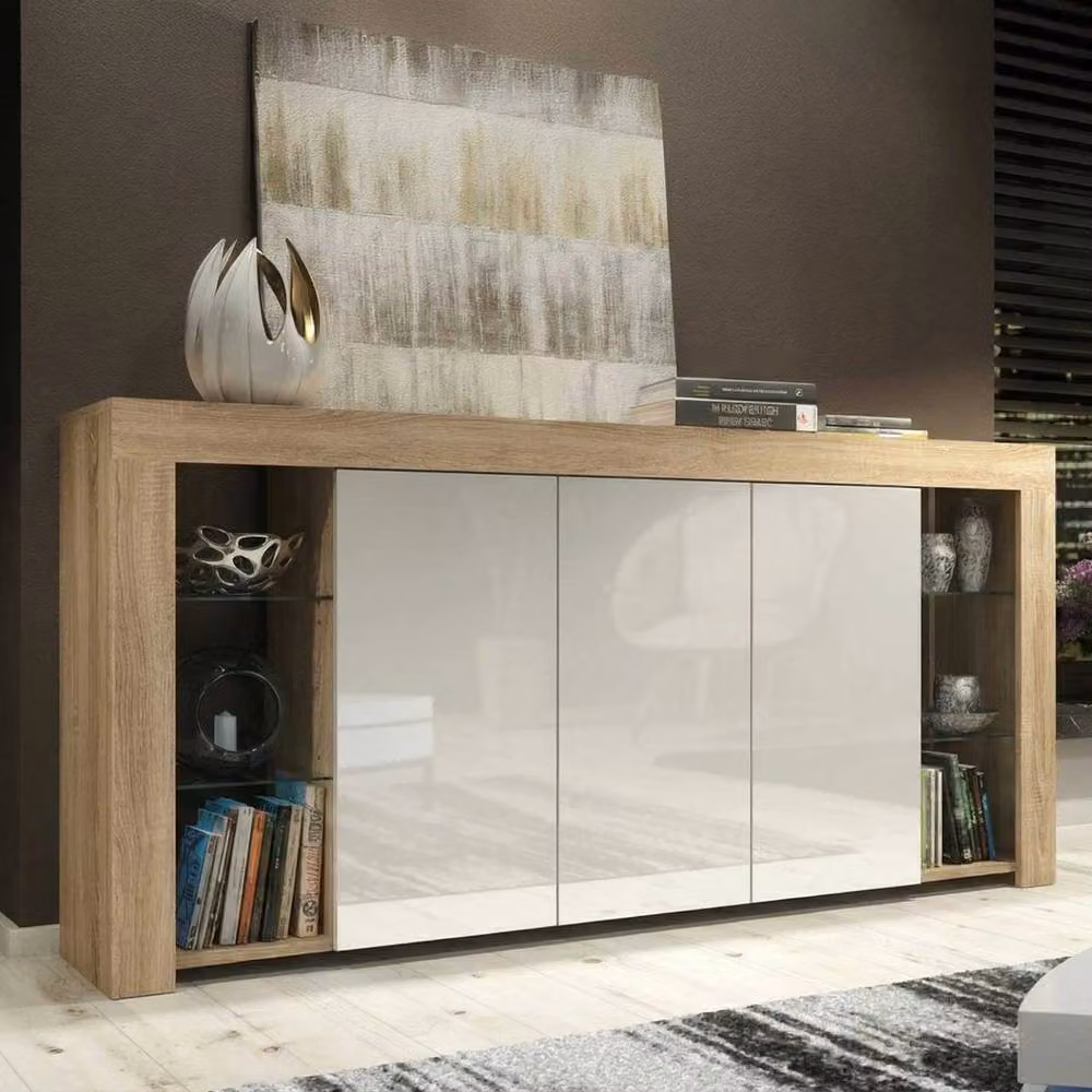 FORGEVIO Modern TV Unit Stand Cabinet Sideboard in White and Light Oak with Integrated Lighting – 3