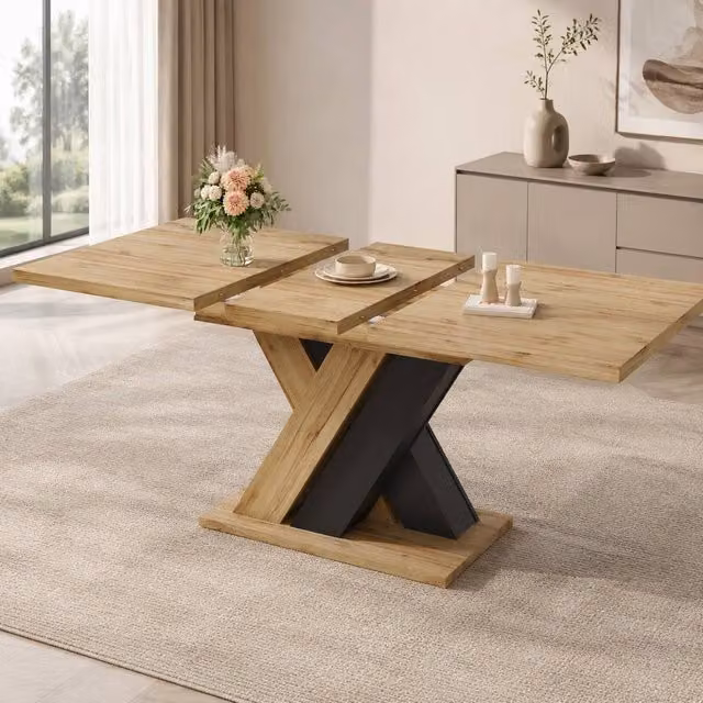 STILVORA Extendable Rectangular Dining Table with X-Frame Legs in Sand and Brown