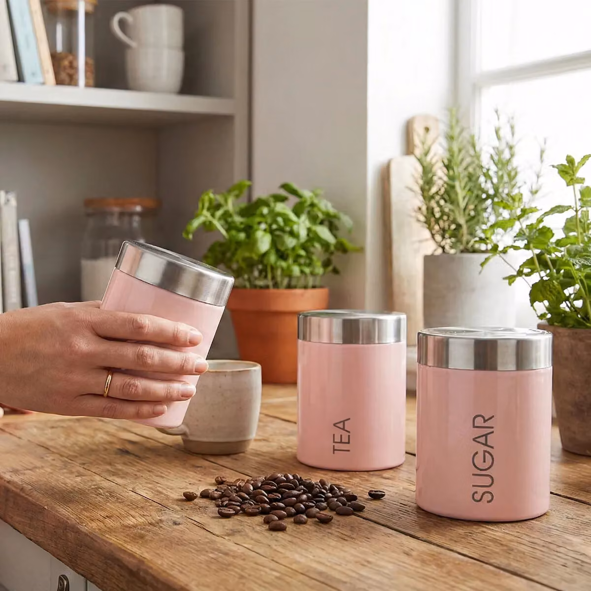 Premier Housewares Liberty Enamel Tea, Coffee and Sugar Canister Set in Pink and Silver, W/D/H: 10 x 10 x 13 cm – 3