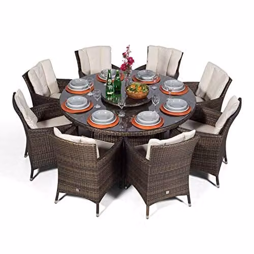 Giardino Savannah 8 Seater Rattan Garden Dining Set with Round Table, Chairs, Parasol and Cover, Brown – 4