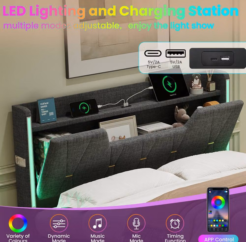 STILVORA Grey Upholstered Double Bed Frame with Lift-Up Storage, LED Under-Bed Lighting and USB Charging Port, W/D/H: 140 x 200 x 110 cm – 7