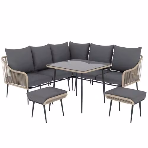 Outsunny 6 Piece L-Shape Rattan Garden Furniture Set with Upholstered Cushions in Brown and Grey