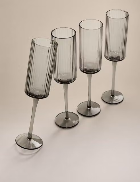 M&S Set of 4 Celine Ribbed Champagne Flutes in Dark Grey