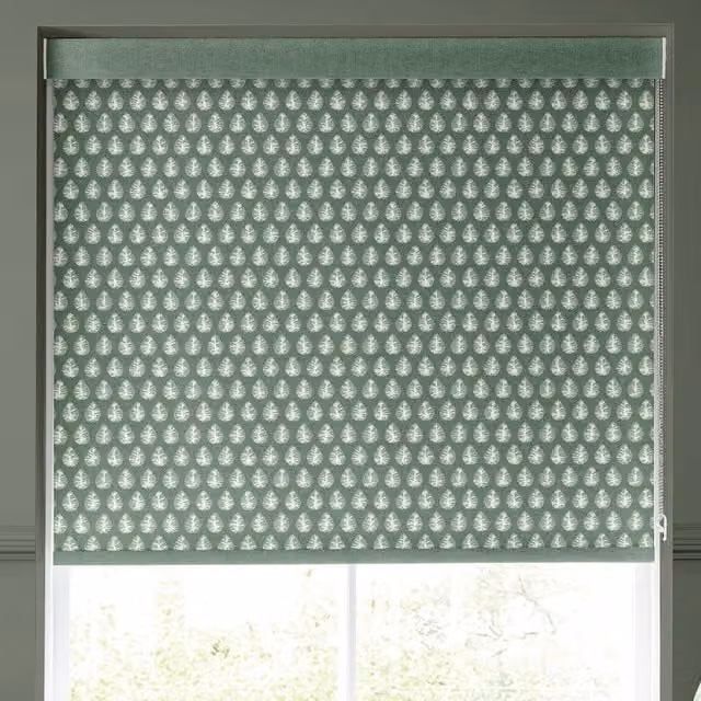 Emily Bond Jaipur Made to Measure Blackout Roller Blind in Sage Green with Geometric Leaf Pattern