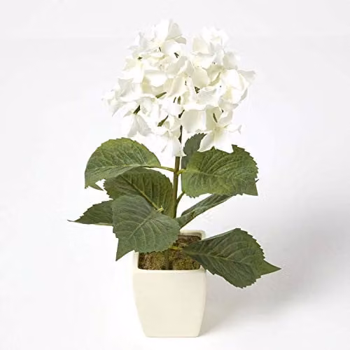Homescapes Artificial Hydrangea Flower in a Cream Ceramic Pot, Height: 38 cm