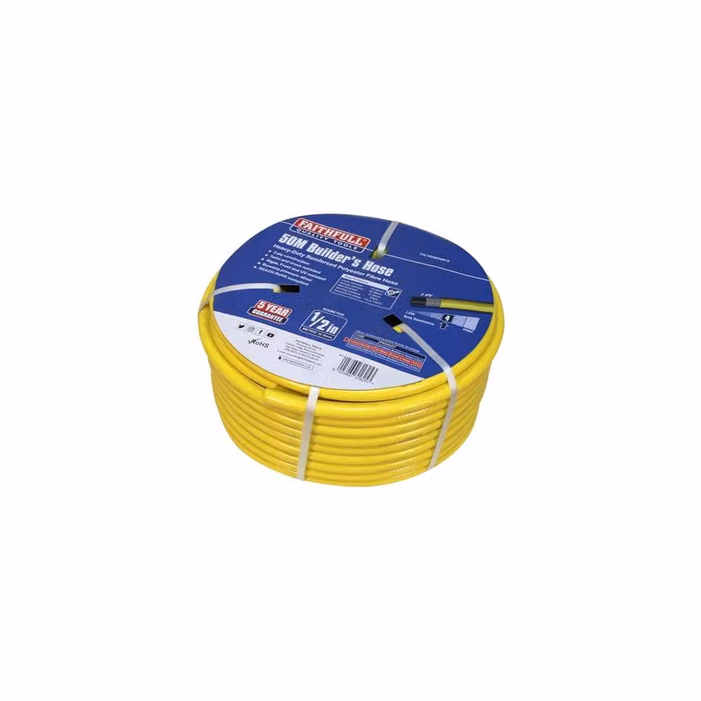 Faithfull Heavy-Duty Reinforced Builders Hose, 50m, 12.5mm Diameter, Yellow – 2
