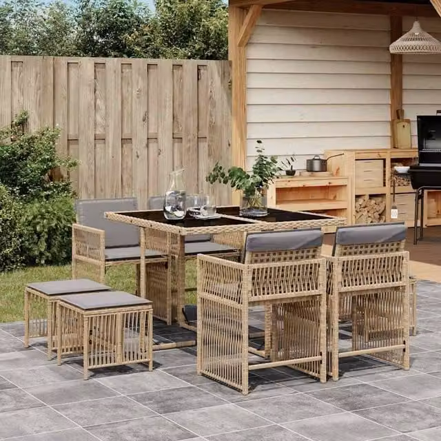 Berkfield Home 9 Piece Poly Rattan Garden Dining Set with Cushions in Beige