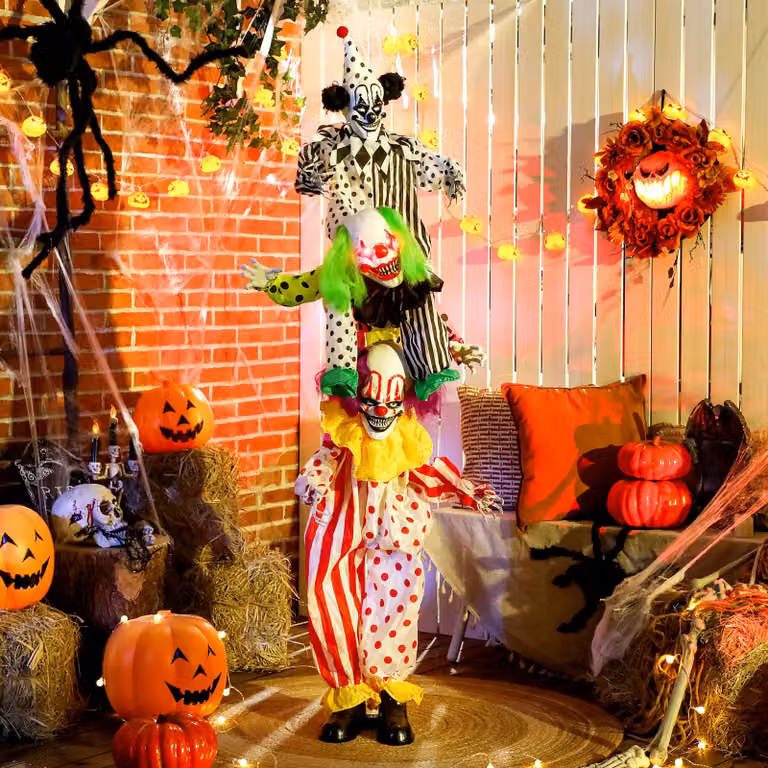 OUTSUNNY Stackable Halloween Animated Clown with Red Light Up Eyes and Sound Activation, Multicolour