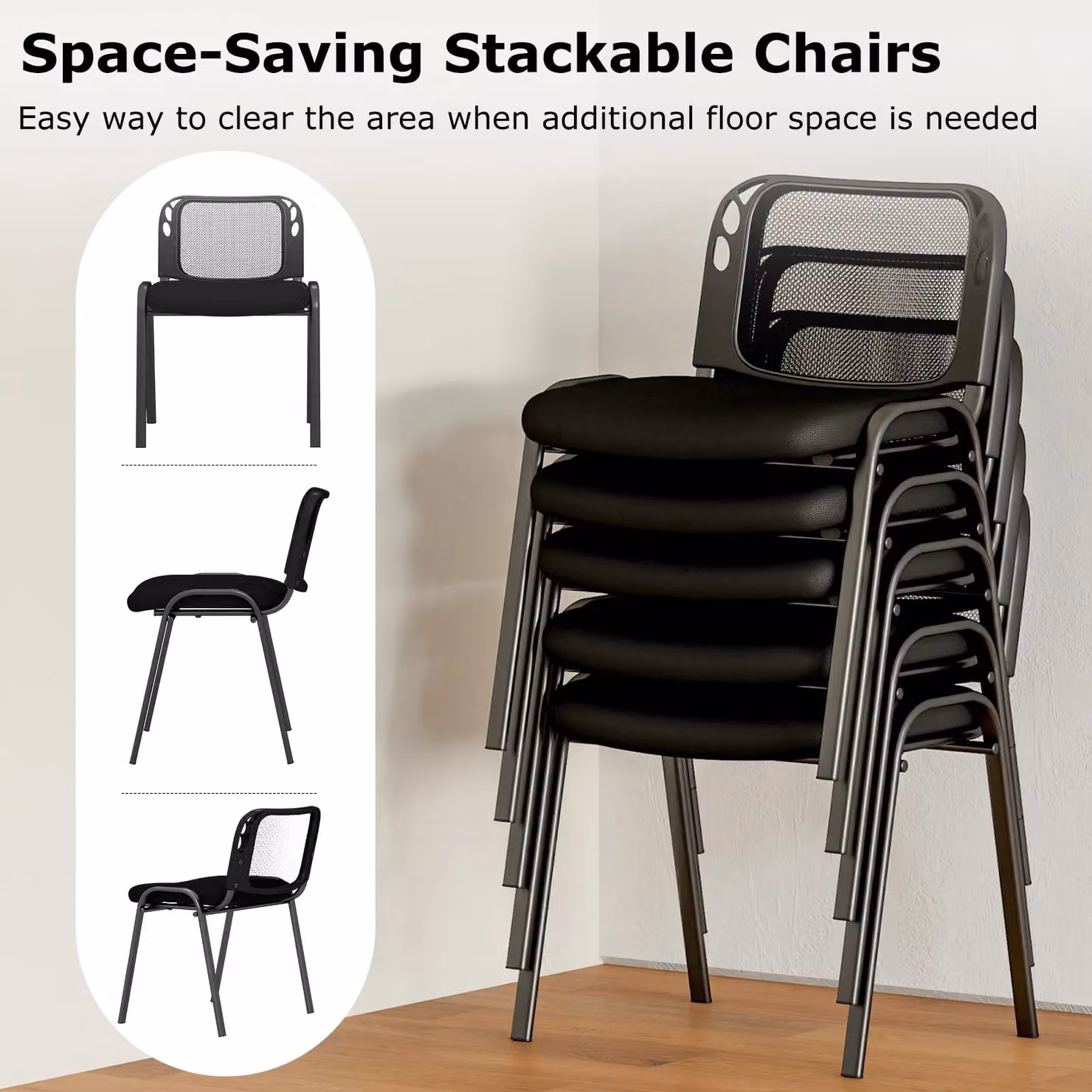 Costway Set of 5 Stackable Black Fabric Reception Guest Chairs with Metal Frame – 7