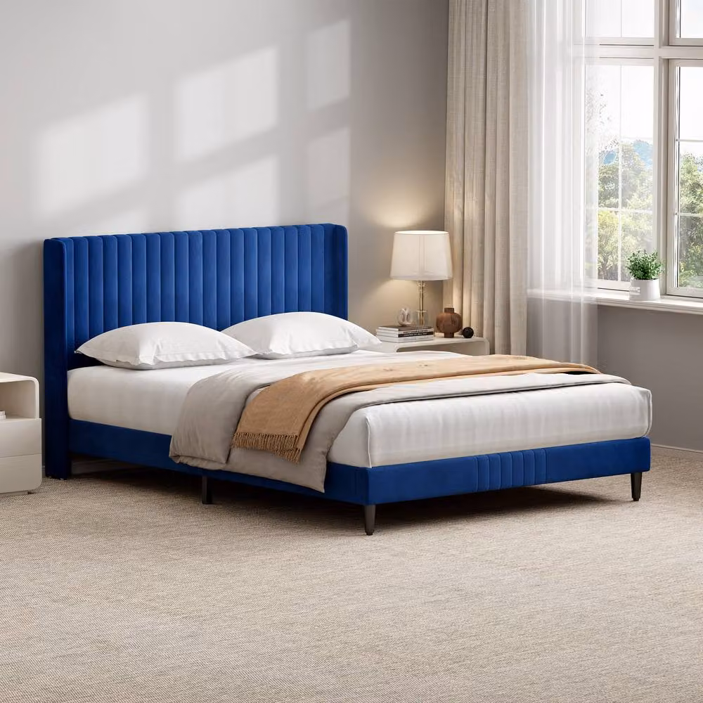 MCC Direct Charlie Velvet Upholstered King Size Bed Frame in Blue, W/D/H: 180 x 200 x 105 cm – 7