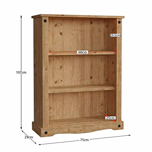 Vida Designs Corona Low Bookcase in Rustic Brown Waxed Pine and Black Metal, W/D/H: 107.0 x 29.0 x 75.0 cm – 2
