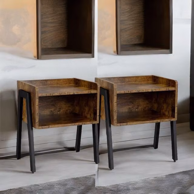 Rafaelo Mobilia Set of 2 Rustic Stackable Bedside Tables in Brown and Black