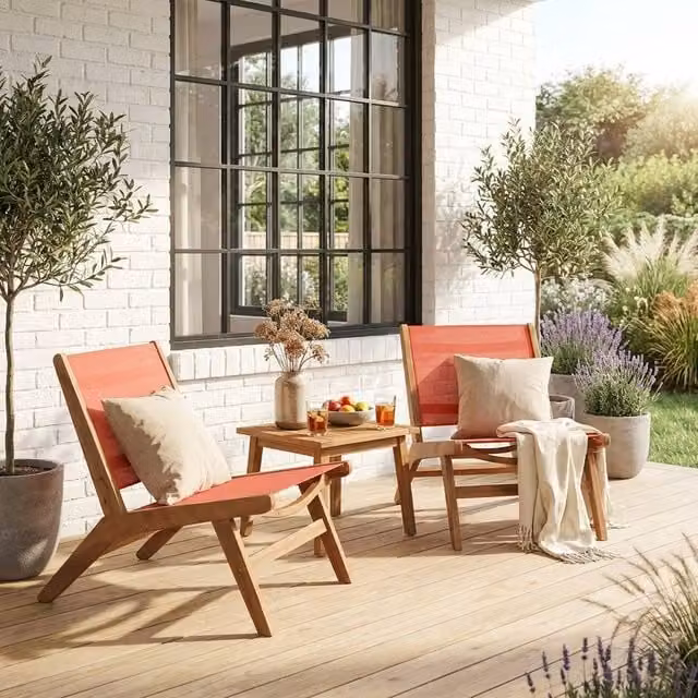 sweeek Set of 2 Acacia Wood and Textilene Easy Chairs in Terracotta