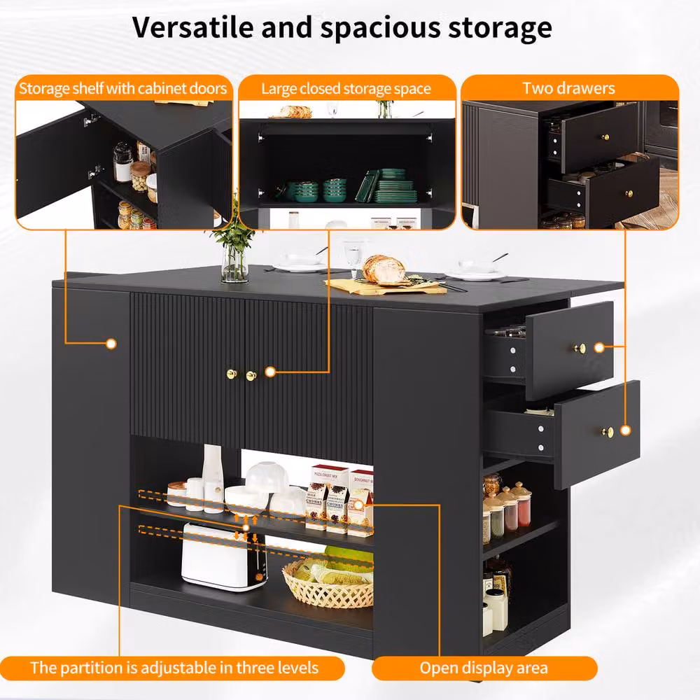 Rolipo Modern Black Kitchen Island with Fold-Down Tabletop and Storage – 2