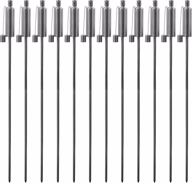 Harbour Housewares Silver Metal Cylinder Garden Torches with Ground Spike, Pack of 12